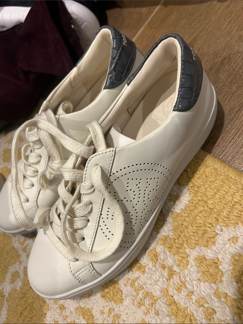 Tory Burch Cream Leather Sneakers with Black Heel